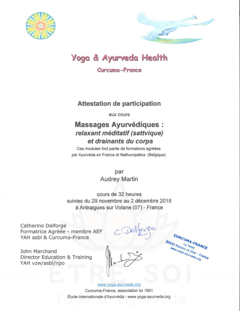 Audrey Martin Certificat Massage Sattvique Drainants